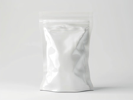 White packaging pouch with a resealable zipper on a white background. Sachet stand-up doypack white mockup for label design isolated on white backgroundの素材