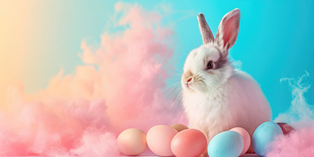 Easter white bunny with pastel eggs in colorful pink clouds. Cute fluffy white rabbit in light pastel colors. Copy space for textの素材