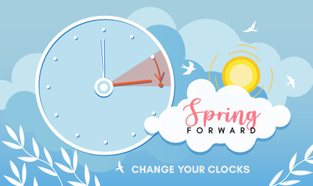 Daylight saving time concept with clock, clouds, and sun illustration. Spring Forward message on a...