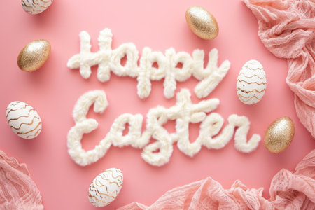 white Happy Easter message made from white fur on pale pink background in 3d style, with frame of...