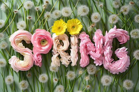 Floral spring word created from creamy pink Buttercup and Ranunculus flowers on green background. Seasonal elegance and fashion concept for Spring timeの写真素材