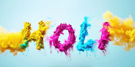 Holi written word colorful powder in blue sky. Explosion of colorful powder with Holi word made from pressed yellow powder. Happy Holi Indian festival conceptの写真素材