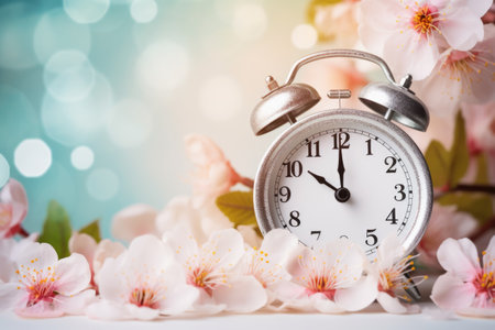 Vintage alarm clock surrounded by blossoming spring sakura flowers. Good for Spring banner or Daylight saving time begins Spring Forward remainder, poster. Light pastel colors, Copy space for textの写真素材