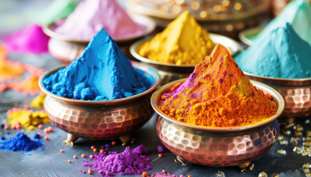 Traditional Holi colorful powders in copper bowls on dark textured background. Cultural celebration concept for festival and design inspirationの写真素材