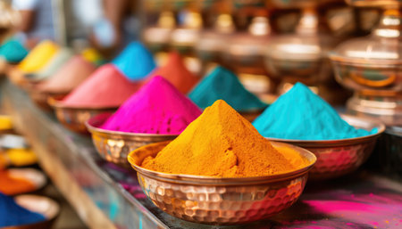 Holi colorful powders in copper bowls on the counter. Happy Holi Indian celebration. Festival of colors concept for invitation and poster designの写真素材