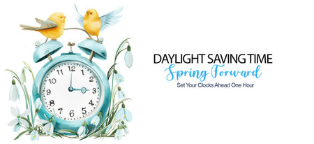 Daylight saving time begins banner. Spring forward reminder card with clock and birds with blossoming snowdrops flowers. Text Set your clocks one hour ahead. Illustration in vintage watercolor styleの写真素材