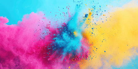 Indian Happy Holi festival background with colorful powder in blue sky. Exploited splash of multicolor powder.の写真素材