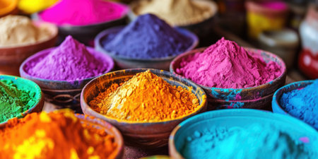 Holi vibrant powders in a bowls on counter. Bright hues of colorful powder. Indian Happy Holi...