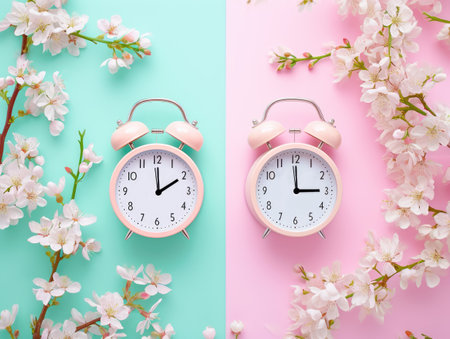 Two alarm cozy clocks on pastel pink background. Concept for Spring Forward time, Daylight Saving Time Begins. Change clocks one hour ahead. Springtime conceptの写真素材
