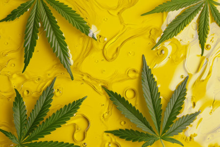 Cannabis leaves floating in cannabis yellow oil, background. Fresh hemp extracted oil with green marijuana leaves. Background for cosmetic products based on hempの写真素材