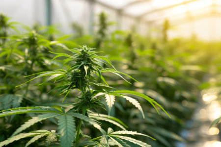 Cannabis Industry. Growing cannabis indoor in greenhouse. Hemp farm with green flowering medicinal marijuana plants.の写真素材