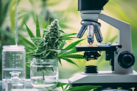 Cannabis and microscope, science background. Concept of research on cannabis for medical purposes