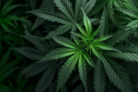 Idealistic green cannabis plant with leaves, top view. Green medicinal cannabis backgroundの写真素材