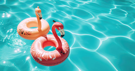 Flamingo inflatables floats in pool on sparkling turquoise water. Summer fun and vacation concept...