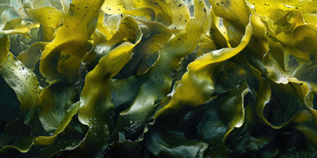 Golden kelp seaweed background. Close-up of fresh wet laminaria texture. Kelp for edible and for...