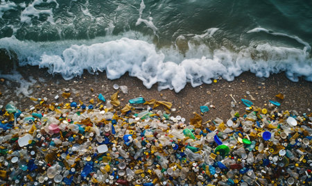 Microplastic in nature and ocean pollution concept. Plastic pollution on beach with ocean waves....