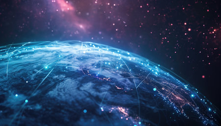 Global connectivity and expanding digital universe, ideal for tech brands, web development, and...