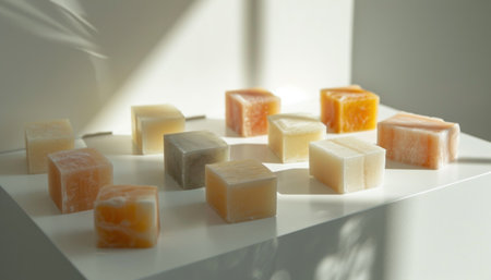 Handmade soap several pieces on a discreet light background, contrasting light with shadows, aesthetic live style. Minimalist, solid natural colorsの写真素材