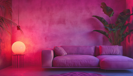 Modern interior design of a living room with pink neon lighting. Sense of positivity and escapism. Contemporary home decor concept for design and magazinesの写真素材