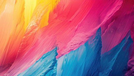 Vibrant textured oil paint strokes in warm colors. Abstract texture background in spectrum of yellow, pink and blue colorsの写真素材