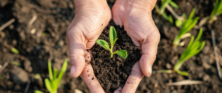 Hands holding a young plant sprout in the soil. The concept of sustainable agriculture and care for the environmentの写真素材