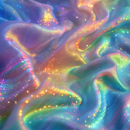 holographic background with shimmering sparkling dust. Abstract trendy Iridescent material close-up. Macro shot with vibrant colors, colorful metallic spectrum background texture with soft foldsの写真素材