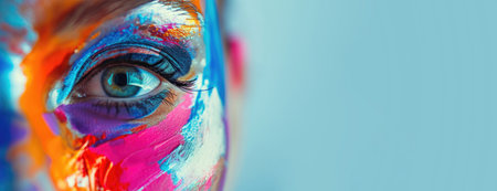 Close-up of an eye amidst vibrant paint strokes, expressing personality and artistry, great for impactful visuals and themes of creativity. Banner background with copy space for textの写真素材