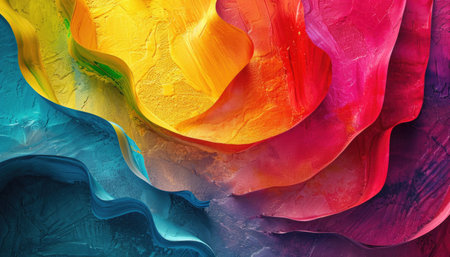 Layered abstract texture background in multicolored paint, close-up. Abstract rainbow embossed backgroundの写真素材
