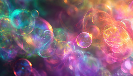 Multicolored abstract soap bubbles over a blurred background. Macro shot with bokeh effect. Creative background or texture concept with space for textの写真素材