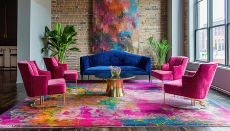 Vibrant living room interior with colorful abstract carpet and pink armchairs. Modern furniture design in a bright, artistic setting. Design for home decor, interior designの写真素材