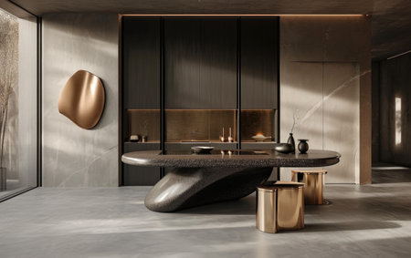 Wabi-sabi loft luxurious modern kitchen interior design. Elegance and contemporary home design with modern furniture. Concrete and gold in the interior, understated earth tonesの写真素材