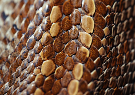 Snake skin texture background. Snake leather macro texture of golden brown scales, top view...