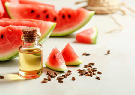 natural watermelon food oil in a glass bottle, arranged by watermelon pieces and seeds on the light background. Side view, with copy space for textの写真素材