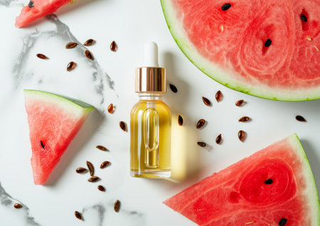 Watermelon seed cosmetic oil in a glass pipette bottle with dropper, arranged by watermelon pieces and seeds on the light background. Top view, flat lay, copy space for textの写真素材