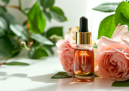 Rose cosmetic oil in a glass bottle with pipette dropper, decorated with fresh natural rose flowers on the background and leaves, light background, copy space for text, mock up productの写真素材