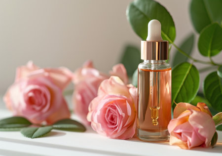Rose cosmetic oil in a glass bottle with pipette dropper, decorated with fresh natural rose flowers on the background and leaves, light background, copy space for text, mock up productの写真素材