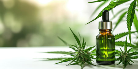 CBD Oil Dropper Bottle with Hemp Leaves on Light Nature Backgroundの写真素材