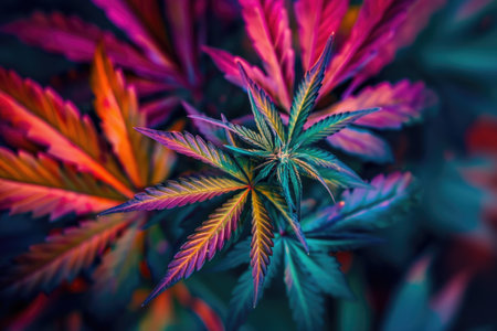 Vibrant Multi-Colored Cannabis Leaves Close-Up. Top view Marijuana colorful plants pattern backgroundの写真素材