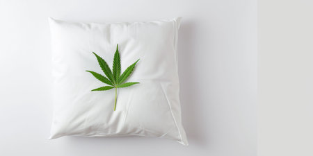 Minimalist Cannabis Leaf on White Pillow Background. Healthy Sleep with CBD Concept. Treating insomnia with medical marijuanaの写真素材