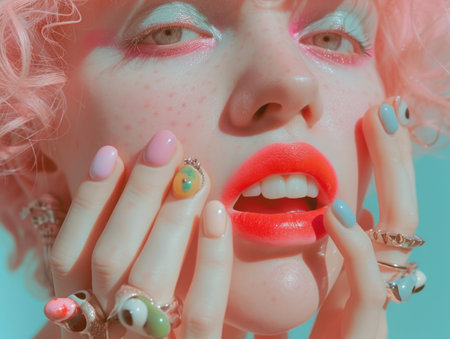 Colorful Urban Retro Fashion Female Portrait, Pink Hairstyle and Bold Lipstick in Candy Playful Bright Colors. Close-up photographyの写真素材