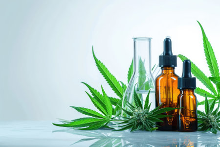 Cannabis Extracts and Laboratory Glassware on Reflective Surface on white background. Banner with copy space for textの写真素材