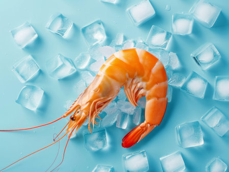 Chilled Shrimp with Ice Cubes on Blue Background for Seafood and Culinary Designの写真素材