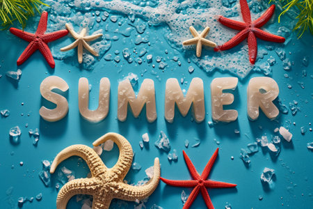Summer Background. Summer typography word made from white corals, surrounded by starfishes with chilled ice on blue background. Vacation Design for Posters and Cardsの写真素材