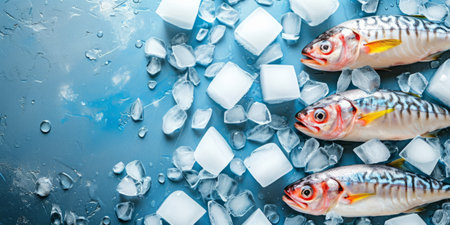 Fresh Mackerel Fish with Ice Cubes on Blue Background with copy space for text. Banner for seafood market or restaurant, culinary blogの写真素材