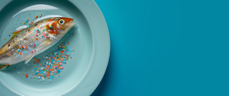 Microplastic concept. Fish with microplastic particles inside lies on a plate. Pollution of the environment, water bodies and oceans with plastic concept.の写真素材