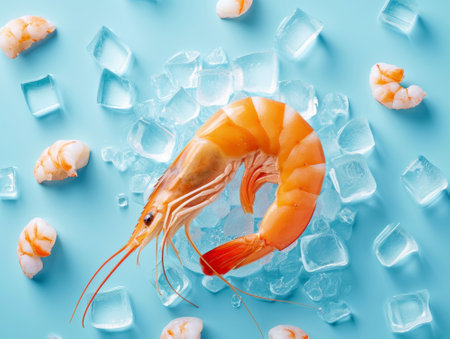 Fresh Seafood Concept with Shrimp on Ice Blue Background. For culinary presentations, restaurant menus, and food advertising.の写真素材