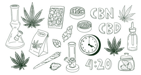 Cannabis elements set bong, marijuana leaf, joint and cbd oil. Vector illustration in doodle outline hand drawn styleのイラスト素材