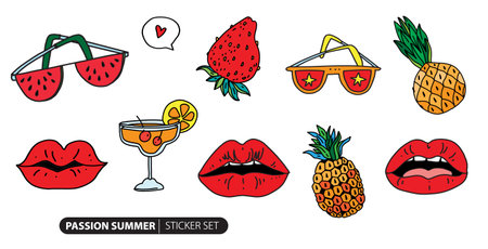 Red Lips Funny Set. Vibrant Juicy Red lips, Summer fruits and Sunglasses. Summer elements collection in doodle cartoon. Vector illustration of stickersのイラスト素材