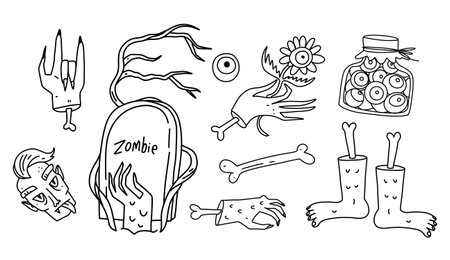 Halloween doodles set of zombie including zombie tombstone, foot, bones, hands and eyes in a jar, in a simple line art style on a white background. Concept of spooky funのイラスト素材