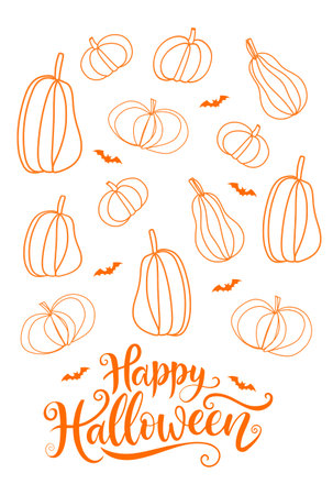 Orange pumpkins and bats with calligraphy Happy Halloween text on a white background. Halloween greeting card design template with vector illustrations in doodle outline styleのイラスト素材